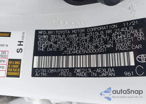 2022 Toyota Corolla Hybrid Le z USA, uszkodzony, nr VIN JTDEAMDE5N3000551